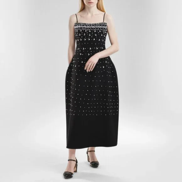 Stunning Embellished Crystal Bodice Midi Dress/Black Gown - Picture 2 of 6